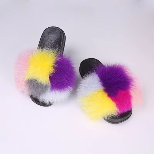 Wholesale Custom Raccoon fox Fur Fluffy Female Plush slippers Slides Indoor Fur slippers