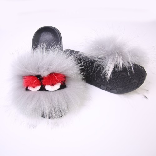 Wholesale Custom Raccoon fox Fur Fluffy Female Plush slippers Slides Indoor Fur slippers