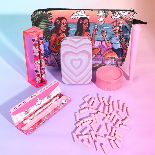 New Arrival 7 in 1 Portable Smoking Set Pink Color Printed Herb Grinder Tips Rolling Paper Machine