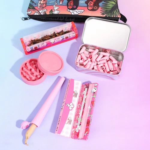 New Arrival 7 in 1 Portable Smoking Set Pink Color Printed Herb Grinder Tips Rolling Paper Machine