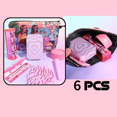 New Arrival 7 in 1 Portable Smoking Set Pink Color Printed Herb Grinder Tips Rolling Paper Machine