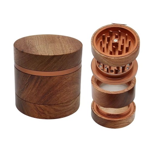 Hot Sale Wooden Herb Grinder High Quality Aluminum Alloy 4 Layers Wood Tobacco Grinder Custom logo