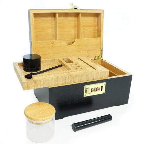 Custom Smell Proof Wooden Bamboo Cigarette Stash Box Smoking Kit Set Accessories Smoke Box with Lock Rolling Tray
