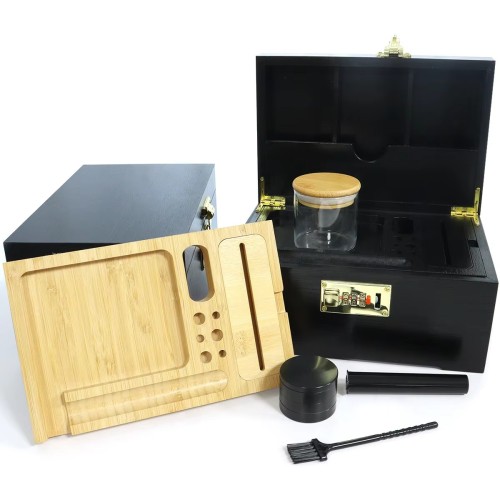Custom Smell Proof Wooden Bamboo Cigarette Stash Box Smoking Kit Set Accessories Smoke Box with Lock Rolling Tray