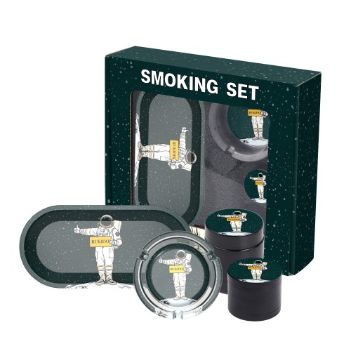 Custom 5in1 Rolling Kit Metal Glass Smoking Set Herb Grinder Ashtray Rolling Tray