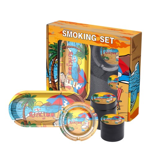 Custom 5in1 Rolling Kit Metal Glass Smoking Set Herb Grinder Ashtray Rolling Tray