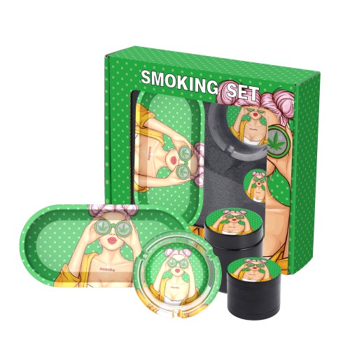 Custom 5in1 Rolling Kit Metal Glass Smoking Set Herb Grinder Ashtray Rolling Tray