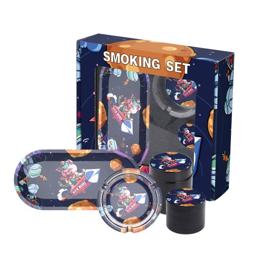 Custom 5in1 Rolling Kit Metal Glass Smoking Set Herb Grinder Ashtray Rolling Tray