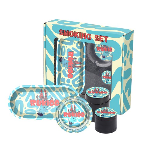 Custom 5in1 Rolling Kit Metal Glass Smoking Set Herb Grinder Ashtray Rolling Tray