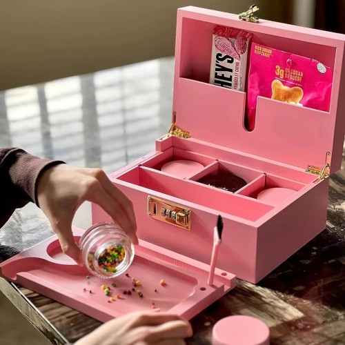 Pink Tobacco Stash Box for Girly Gift Multifunctional Smoking Accessories Set with Lock Bamboo Kit