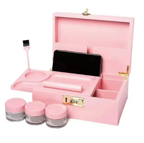 Pink Tobacco Stash Box for Girly Gift Multifunctional Smoking Accessories Set with Lock Bamboo Kit