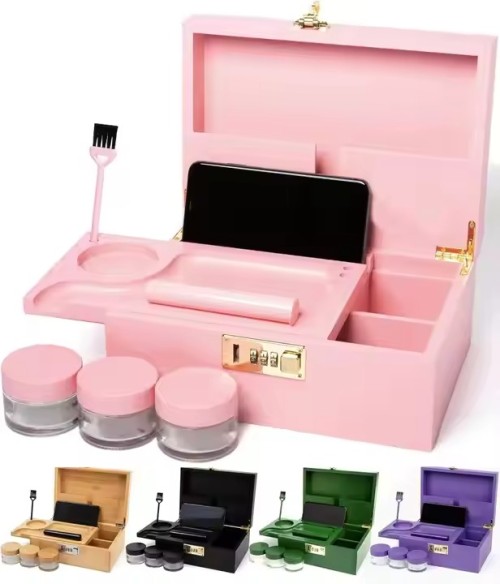 Pink Tobacco Stash Box for Girly Gift Multifunctional Smoking Accessories Set with Lock Bamboo Kit