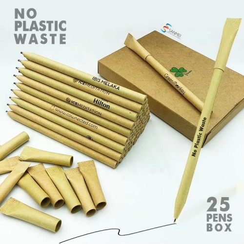 100% Biodegradable Black Biro Rolling Recycled Branding Custom Logo Eco Friendly Kraft Paper Ballpoint Pen with Gift Box