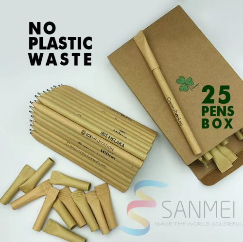 100% Biodegradable Black Biro Rolling Recycled Branding Custom Logo Eco Friendly Kraft Paper Ballpoint Pen with Gift Box