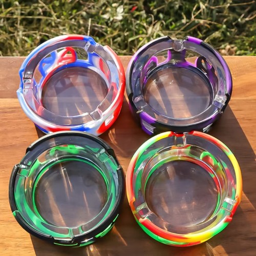 Wholesale New Design Glass Ashtray Silicone Ashtray Round Shape Glass Silicone Smoking Ashtray