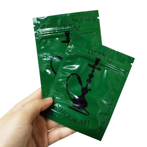 Custom Glossy Green Color Plastic 3 Side Sealed Tobacco Herbal Hookah Bag with Zipper