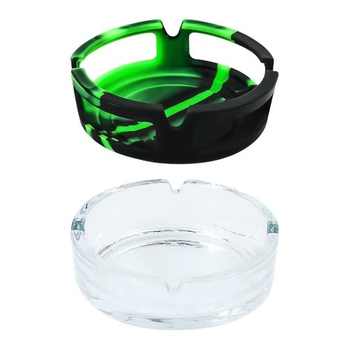 2023 Wholesale Ashtray Portable Glass AshTray Round Cigar Ashtray with Silicone Holder