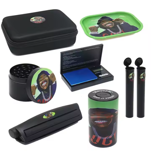 Portable Custom Logo 6 in 1 Smoking Kit Tobacco Bag Sets With Scale Rolling Tray Stash Jar Smoking Accessories Kit