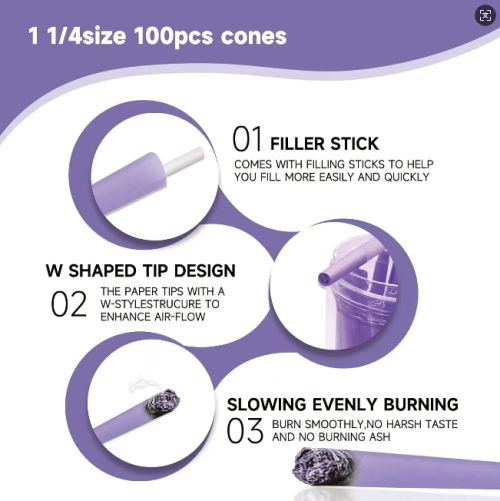 100 Pack Purple Pre Rolled Cones King Size Rolling Paper Cone 108 mm