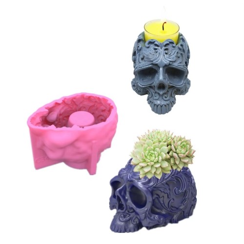Easy Operating 3D Delicate Vines Leaves Wrapped Around Skull Head Halloween DIY Silicone Jar Ashtray Pot Mold