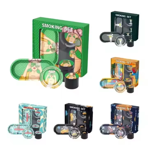 Wholesale Stock Custom Logo 5 Piece Smoking Set Kit New Style Grinder Tool Kit Smoke Tray Set Stock Mix Designs
