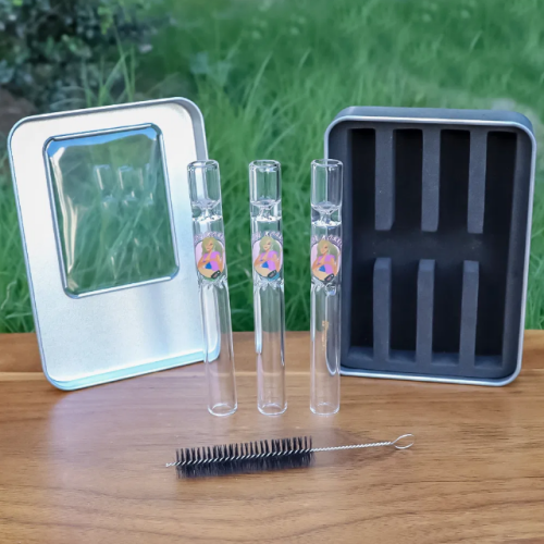 Metal Box Portable Set with Cleaning Brush Colored Diamond Glass Chillum Pipe