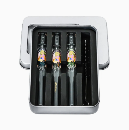 Metal Box Portable Set with Cleaning Brush Colored Diamond Glass Chillum Pipe