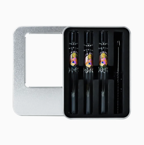 Metal Box Portable Set with Cleaning Brush Colored Diamond Glass Chillum Pipe