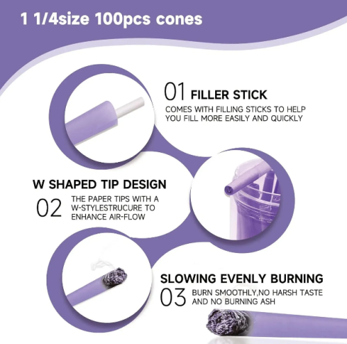 100 Pack Purple Pre Rolled Cones King Size Rolling Paper Cone 108 mm with Loader and Packing Sticks