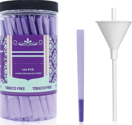 100 Pack Purple Pre Rolled Cones King Size Rolling Paper Cone 108 mm with Loader and Packing Sticks