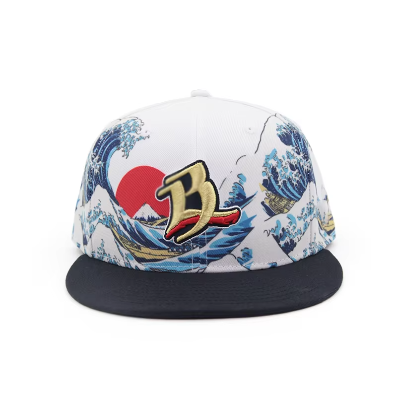 Cap S M L Size 3D Embroidery Gold Line Fitted Hat Flat Brim 6 Panel Heat Transfer Printing Pattern