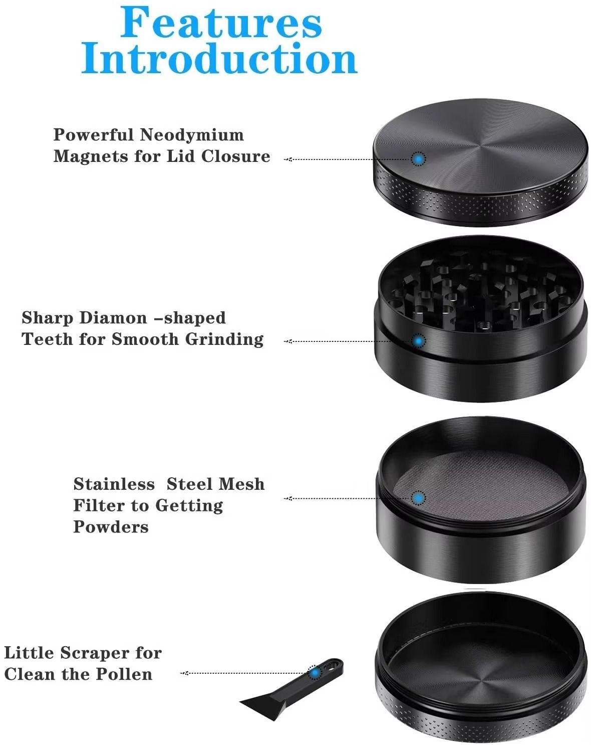 Custom logo Metal Stainless Steel 4 Piece Layers Modern Mini Black Hand Tobacco Herb Grinder Crusher Smoking Herbal
