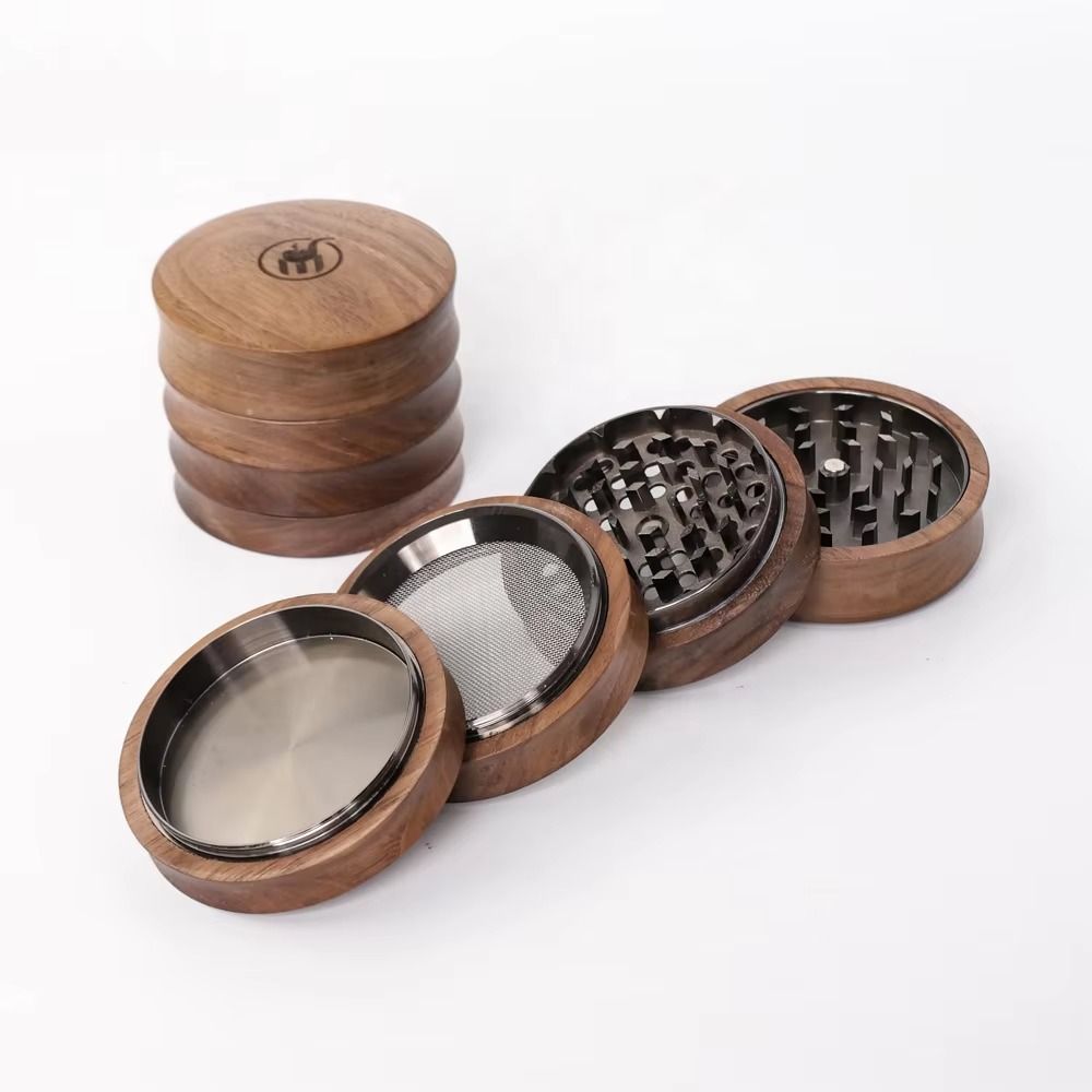Premium Natural Wooden Healthy Herb Grinder 4 Layers Custom Logo Black Walnut Spice Crusher